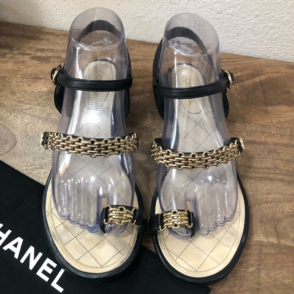 CHANEL Chain Lambskin Black CC Logo Sandals Sz 39 - Picture 3 of 11